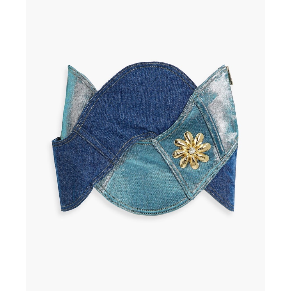 AREA Embellished twisted metallic denim mini skirt